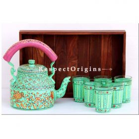 Green Handpainted Aluminium kettle set with Wooden tray; RespectOrigins.com