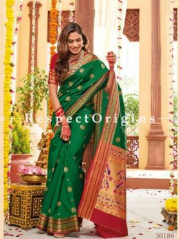 Green Paithani Handloom Silk Saree with Zari Border; RespectOrigins.com