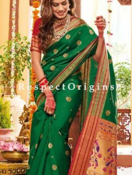 Green Paithani Handloom Silk Saree with Zari Border; RespectOrigins.com