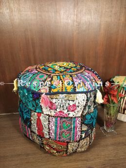 Black-edged Colourful Patchwork Ottoman Poof Cover; Cotton; 14 x 18 Inches; RespectOrigins.com