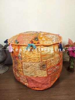 Orange Round Shape Gujarati Patchwork Ottoman Poof Cover; Cotton; 14 x 18 Inches; RespectOrigins.com