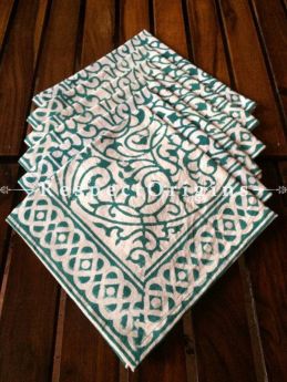 Buy Hand Block Printed Thick Floral Design Cotton Washable Table Mat Set with Runner and Coasters; Green on White Base At RespectOrigins.com