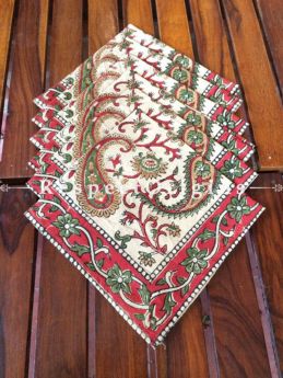 Buy Hand Block Printed Thick Floral Design Cotton Washable Table Mat Set with Runner and Coasters; Red & Green On Beige Base At RespectOrigins.com