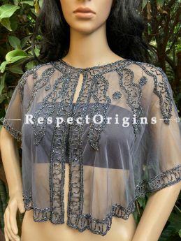 Black Net Handcrafted  Black Beaded Poncho Cape or Shrug for Evening Gowns or Dresses; RespectOrigins.com