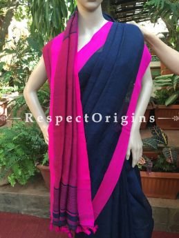 Handloom Linen Saree; Blue Pink Border, RespectOrigins.com