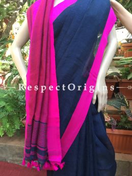 Handloom Linen Saree; Blue Pink Border, RespectOrigins.com