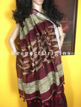 Handloom Linen Saree; Brown Zari Temple Border; RespectOrigins.com