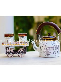 Hand Painted Tea Cart Set; 1 Kettle With 4 Glass 1 Thela Cart; Tea Chai Glass; 100  ml, Kettle; 8.5 inch, Thela Cart; 5 X 7 Inches; Ivory; RespectOrigins.com