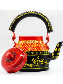 Hand Painted Tea Cart Set with Tribal Face; 1 Kettle With 4 Glass 1 Thela Cart; Tea Chai Glass; 100 ml, Kettle; 8.5 inch, Thela Cart; 5 X 7 Inches; Yellow; RespectOrigins.com