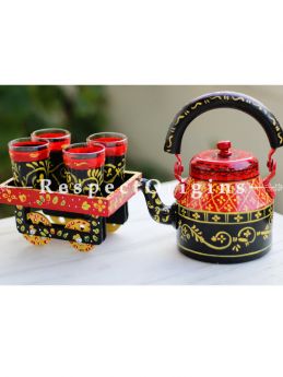 Hand Painted Tea Cart Set with Tribal Face; 1 Kettle With 4 Glass 1 Thela Cart; Tea Chai Glass; 100 ml, Kettle; 8.5 inch, Thela Cart; 5 X 7 Inches; Yellow; RespectOrigins.com