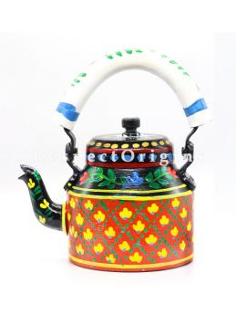 Hand Painted Tea Cart Set with Tribal Face; 1 Kettle With 4 Glass 1 Thela Cart; Tea Chai Glass; 100 ml, Kettle; 8.5 inch, Thela Cart; 5 X 7 Inches; Red & Yellow; RespectOrigins.com
