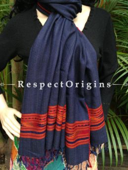 Handwoven FRinged Blue Kullu Handloom Pure Woolen Warm and Soft Traditional Himachal Stole for Girls and Women; RespectOrigins.com
