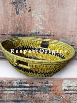 Eclectic Handwovenin Natural With Yellow and Blue Zig Zag Design Moonj Grass Eco-friendly Oval Laundry Bag or Basket With Handle; RespectOrigins