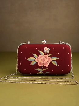 Red Parsi Gara Embroidery Clutch with Rose Spray pattern and Hard  Purse With Detachable Metal Strap; RespectOrigins.com