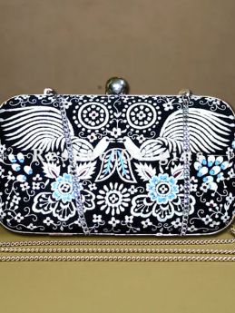 Black Parsi Gara Embroidery Clutch with Peacock pattern and Hard  Purse With Detachable Metal Strap; RespectOrigins.com