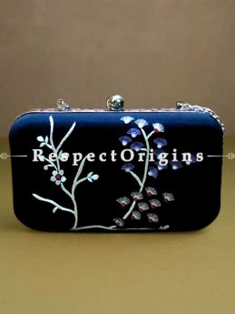 Black Parsi Gara Embroidery Clutch with Crane pattern and Hard  Purse With Detachable Metal Strap; RespectOrigins.com