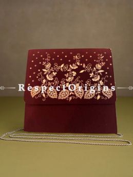 Red Parsi Gara Embroidery Clutch with Leafy pattern and Detachable Metal Strap.; RespectOrigins.com