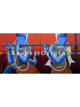 Krishna Playing his Flute; Contemporary Large Vertical Acrylic painting in 48x24 in; Original Artwork