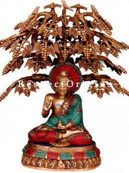 Buy Handcrafted Brass Buddha Under Tree Statue; Turquoise Work At RespectOrigins.com