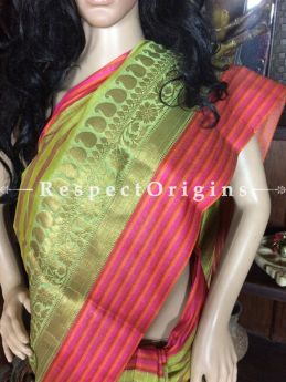 Striking Green Handwoven Banarasi Cotton Silk Saree; Zari Border & Butis, RespectOrigins.com