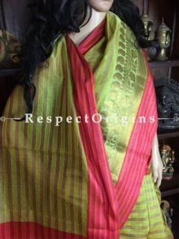 Striking Green Handwoven Banarasi Cotton Silk Saree; Zari Border & Butis, RespectOrigins.com