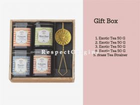 Tea Gift Box; Pack of 4 Exotic Teas 50 Gms Each & Brass Tea Strainer; RespectOrigins.com