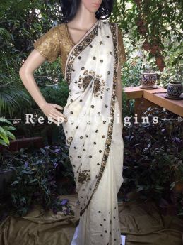 Buy Glamourous Ivory Crepe Banarasi Saree; Bronze Sequin Bootis At RespectOriigns.com