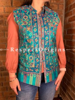Glamorous Floral Design Formal Ladies Designer Detailing Jamavar Blue Jacket in Cotton Silk Blend; Silken Lining; RespectOrigins.com