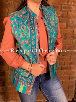 Glamorous Floral Design Formal Ladies Designer Detailing Jamavar Blue Jacket in Cotton Silk Blend; Silken Lining; RespectOrigins.com