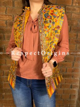 Glamorous Floral Design Formal Ladies Designer Detailing Jamavar Yellow Jacket in Cotton Silk Blend; Silken Lining; RespectOrigins.com