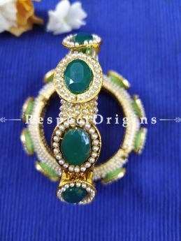 Blissful Emerald Coloured Green Stone and Pearl White Jadau Kangan Bangles Pair; Screw Pech Closure. RespectOrigins.Com