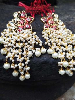 Red Gold Toned Meenakari Chandelier Style Ear-rings with Pearly Strands; RespectOrigins.Com