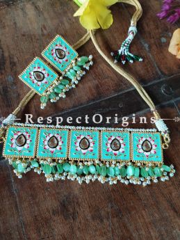 Two Tone Turquoise Blue Festive Meenakari Enamel Choker Necklace Set with Dori; RespectOrigins.Com
