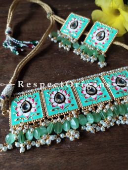 Two Tone Turquoise Blue Festive Meenakari Enamel Choker Necklace Set with Dori; RespectOrigins.Com