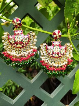 Delightful Two Toned Green and Red Festive Meenakari Enamel Jadau Chand Bali Style Ear-rings; Cascading Three Layers of White, Red and Green Stones; RespectOrigins.Com