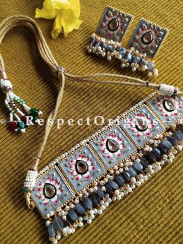 Soft Amethyst Grey Festive Meenakari Enamel Choker Necklace Set with Dori; Bead Stones; RespectOrigins.Com
