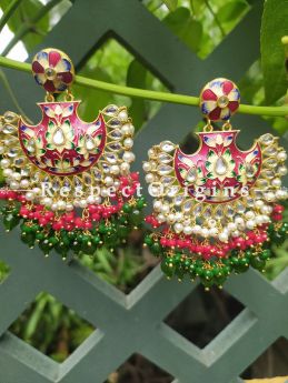 Fabulous Two Toned Green- Blue and Red Festive Meenakari Enamel Jadau Chand Bali Style Ear-rings; Cascading Three Layers of White