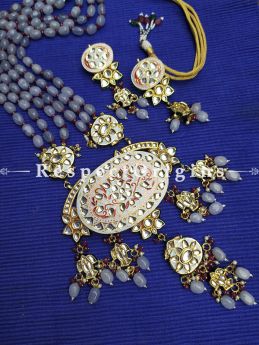 Two Tone Soft Pink Meenakari Enamel Kundan Necklace Set with Dori; Mauve Stones; RespectOrigins.Com