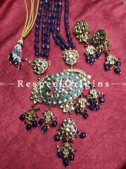 Two Tone Green - Red Meenakari Enamel Kundan Necklace Set with Dori; Deep Blue Stones; RespectOrigins.Com