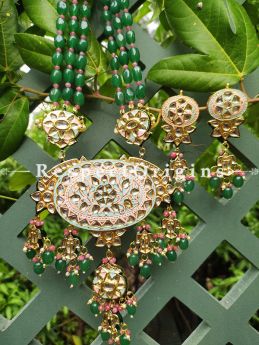 Two Tone Soft Pink Lotus Motif Meenakari Enamel Kundan Necklace Set with Dori; Emerald Green Bead Stones; RespectOrigins.Com