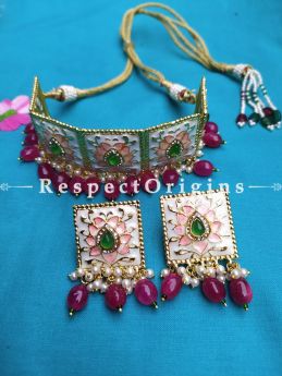 Two Tone Soft Pink Rose Meenakari Enamel Choker Necklace Set with Dori; Ruby Pink Stones; RespectOrigins.Com