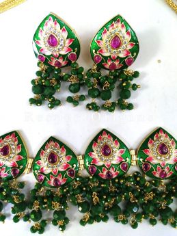 Green and Red Celebration Enamel Minakari Pearly Jhumki Chandelier Ear-rings and Choker Necklace Set; RespectOrigins.com