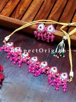 Red Celebration Enamel Minakari Pearly Jhumki Chandelier Ear-rings and Choker Necklace Set; RespectOrigins.com