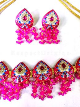 Red Celebration Enamel Minakari Pearly Jhumki Chandelier Ear-rings and Choker Necklace Set; RespectOrigins.com