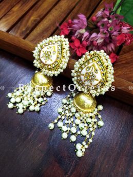 Gold Toned Kundan Enamel Minakari Pearly Jhumki Chandelier Ear-rings; Soft Pink; RespectOrigins.com