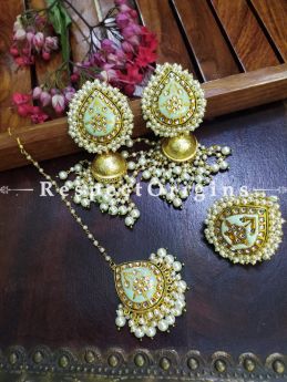 Gold Toned Kundan Enamel Minakari Pearly Jhumki Chandelier Ear-rings, Mang-Tikka and Ring Set; Pistachio Green; RespectOrigins.com