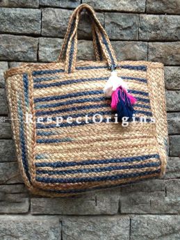 Eco-friendly Hand Braided Blue & Natural Rectangular Jute Picnic Bags for Women; RespectOrigins