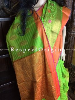 Classic Green-orange Handwoven Banarasi Cotton Silk Saree; Zari Border & Butis, RespectOrigins.com