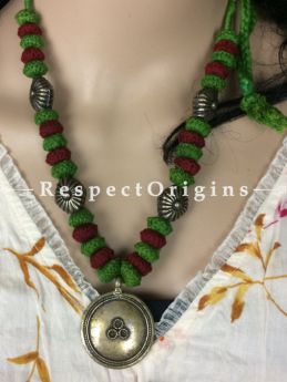 Buy Handcrafted Oxidized White Metal Circular pendant With Green-Red Thread Necklace at RespectOrigins.com
