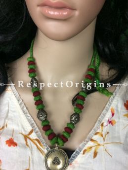 Buy Handcrafted Oxidized White Metal Circular pendant With Green-Red Thread Necklace at RespectOrigins.com